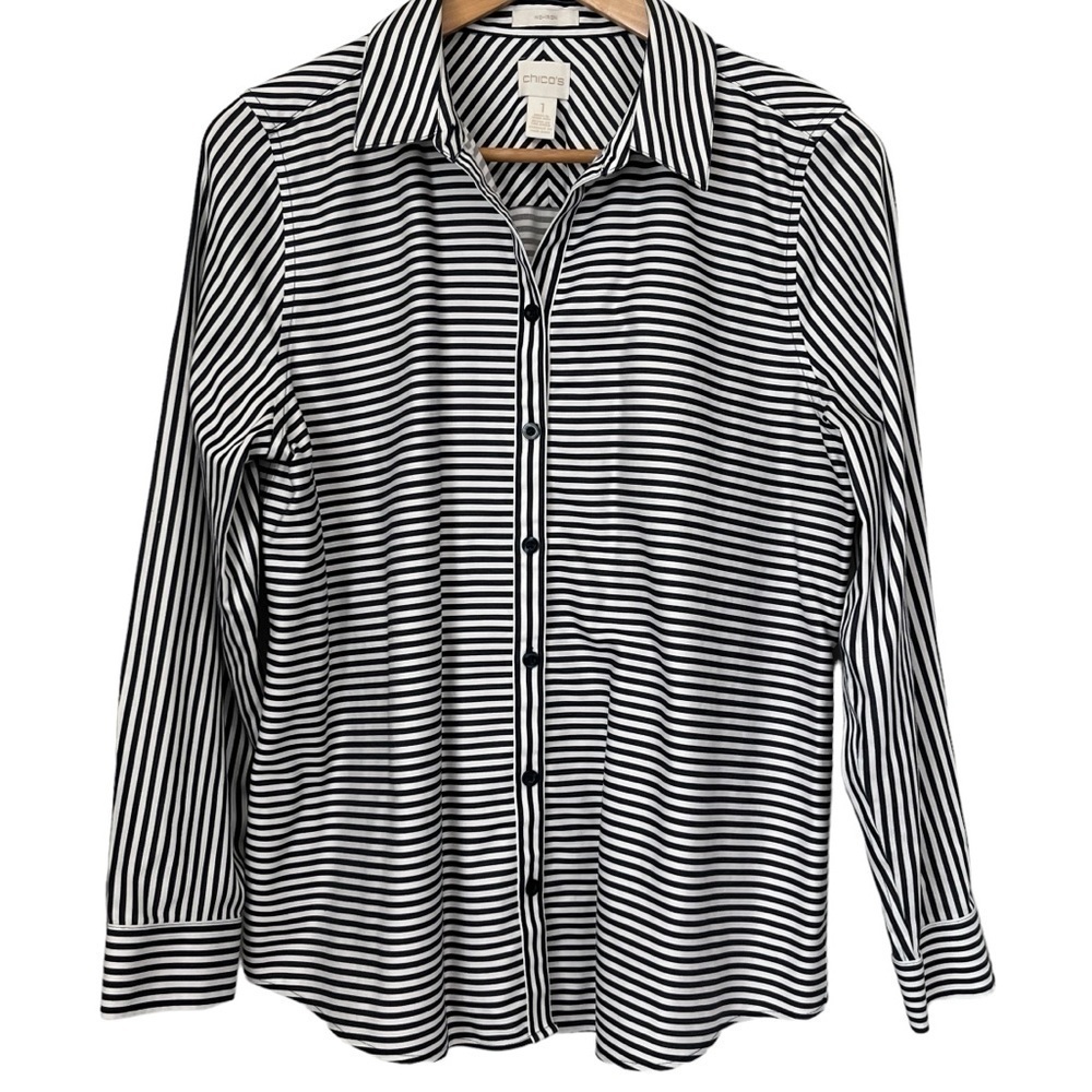 Chico’s Striped Black & White Long-Sleeved Career Blouse Size 1 (US M/8)